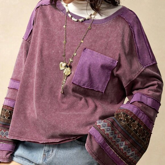 Multicolor Casual Women's Knit Patchwork Round Neck Long Sleeve Loose T-Shirt - Picture 4 of 8